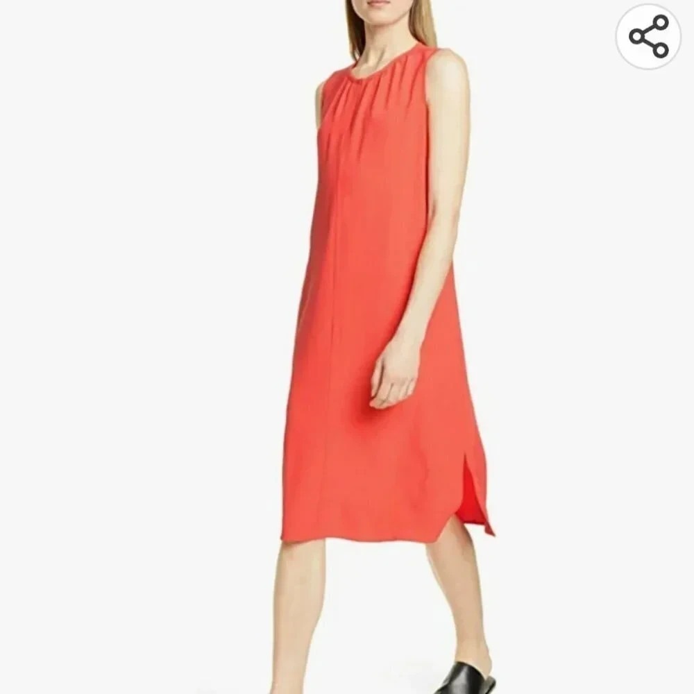 Eileen Fisher Red Lory Midi Dress Womens Size M Sleeveless Coral Crepe